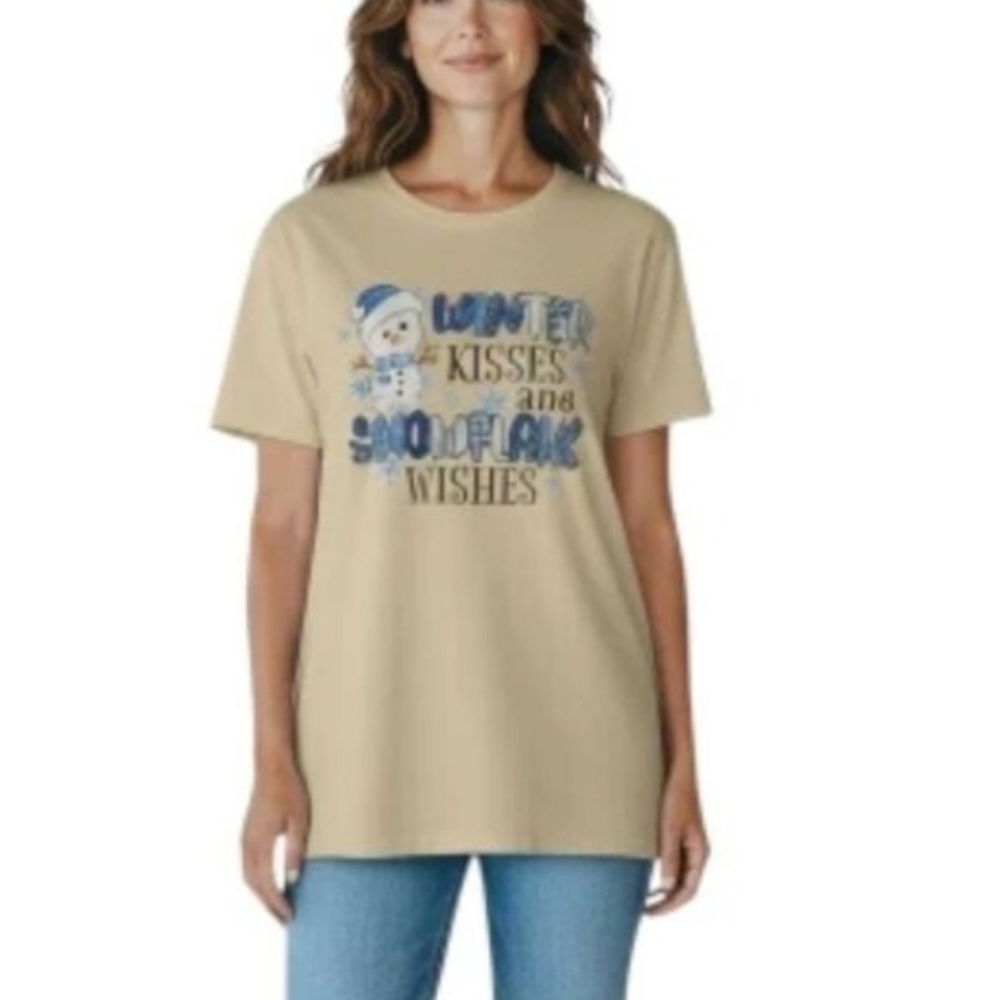 Beige Winter Kisses and Snowflake Wishes Handmade Graphic Christmas T-Shirt NWT